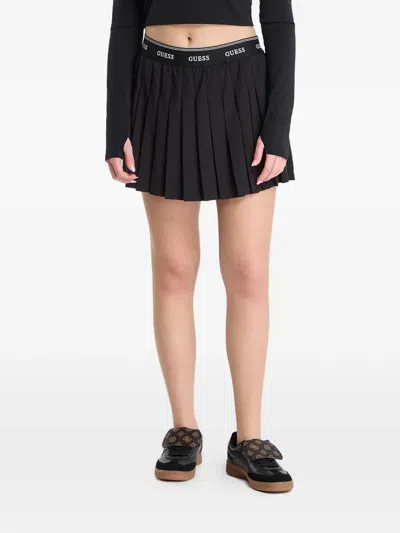 Guess Usa Logo-waistband Pleated Mini Skirt In Black