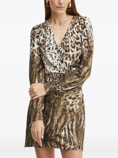 Guess Usa Long-sleeve Animal-print Mini Dress In Brown