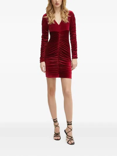 Guess Usa Long-sleeve Ruched-velvet Mini Dress In Brown