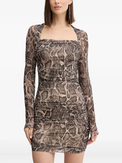 Guess Usa Long-sleeve Square-neck Mini Dress In Brown