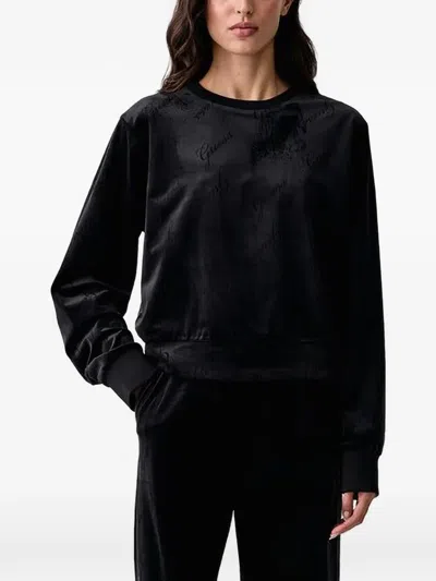 Guess Usa Loren Logo-print Velvet Sweatshirt In Black