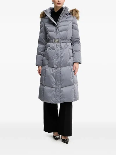 Guess Usa Marina Faux-fur Hooded Belted Coat In Gray