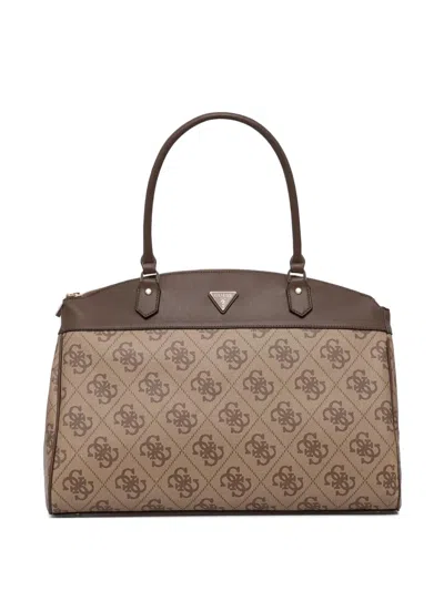 Guess Usa Maxi Berta 4g Monogram-print Logo-plaque Tote Bag In Brown