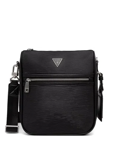 Guess Usa Milano Logo-plaque Textured Messenger Bag In Black