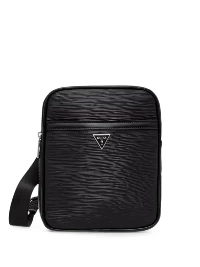 Guess Usa Milano Logo-plaque Textured Messenger Bag In Black