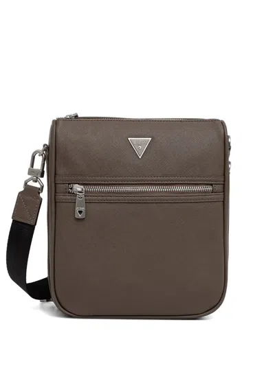 Guess Usa Milano Logo-plaque Zip Messenger Bag In Brown