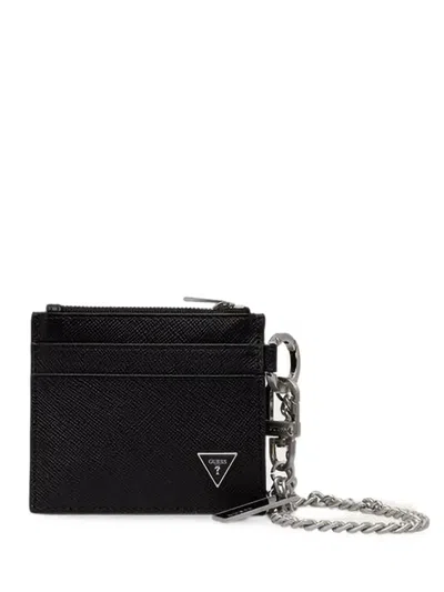 Guess Usa Milano Saffiano-leather Chain-link Card Holder In Black