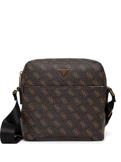 Guess Usa Mini Torino Monogram-pattern Logo-plaque Messenger Bag In Brown
