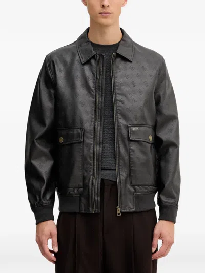 Guess Usa Monogram Faux-leather Bomber Jacket In Black