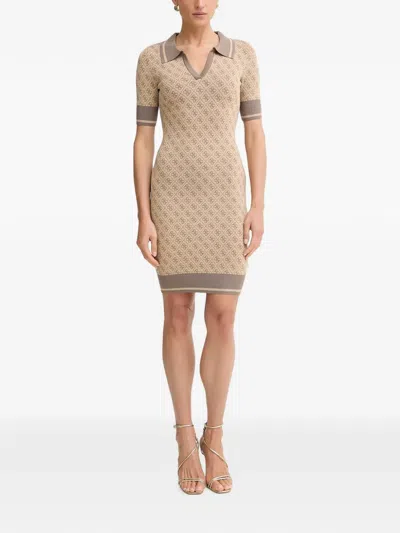 Guess Usa Monogram-detail Short-sleeve Mini Dress In Brown