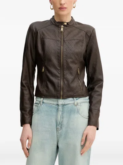 Guess Usa Monogram-embossed Band-collar Jacket In Brown