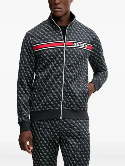 Guess Usa Monogram-pattern Zip Sweatshirt In Black
