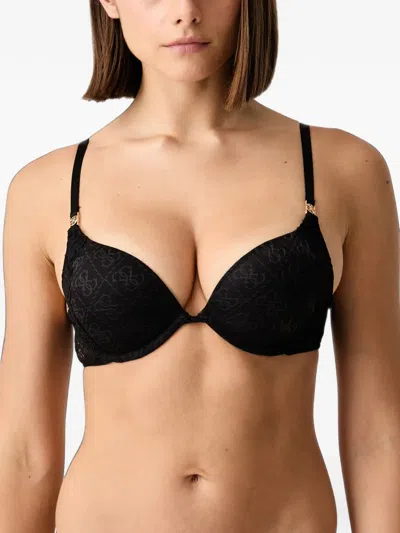 Guess Usa Monogram-print Lace-trim Bra In Black