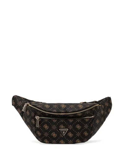 Guess Usa Monogram-print Logo-plaque Belt Bag In Black