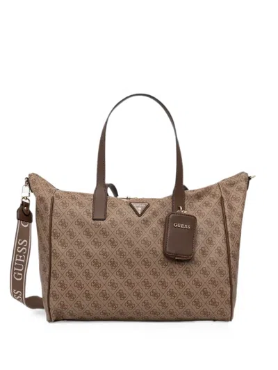 Guess Usa Monogram-print Logo-plaque Tote Bag In Brown