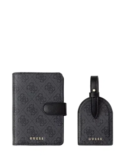 Guess Usa Monogram-print Luggage Tag And Passport Holder Set In Black