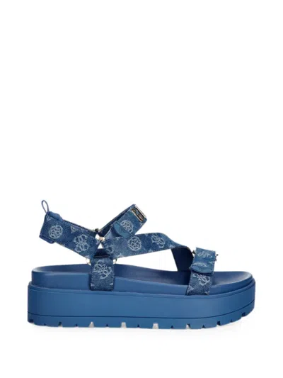 Guess Usa Monogram-print Platform Sandals In Blue