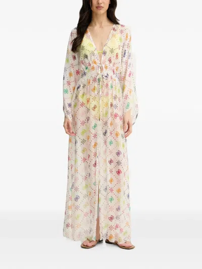 Guess Usa Monogram-print Smocked-waist Beach Dress In White