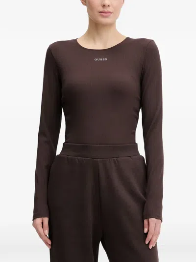 Guess Usa Nat Ruched Ribbed T-shirt In Brown