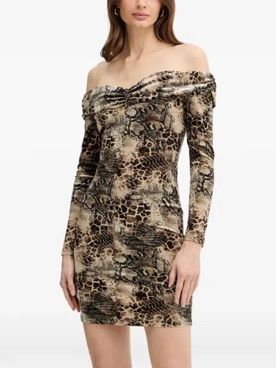 Guess Usa Off-shoulder Animal-print Mini Dress In Neutral