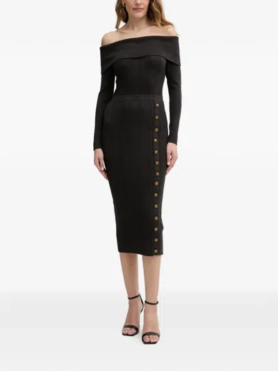 Guess Usa Off-shoulder Button Midi Dress In Black