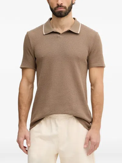 Guess Usa Open-knit Polo-collar T-shirt In Brown