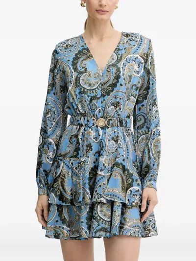Guess Usa Paisley-print Tiered Mini Dress In Blue