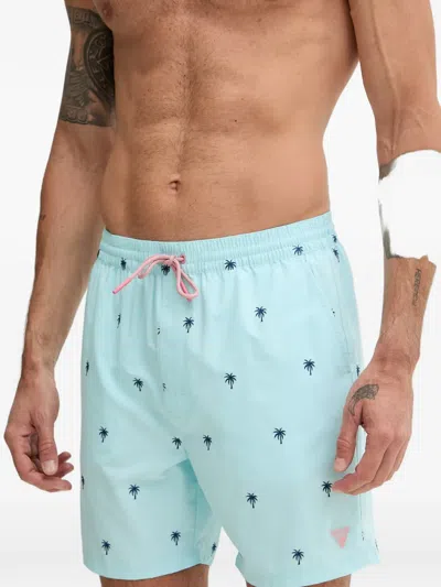 Guess Usa Palm-tree Swim Shorts In Blue