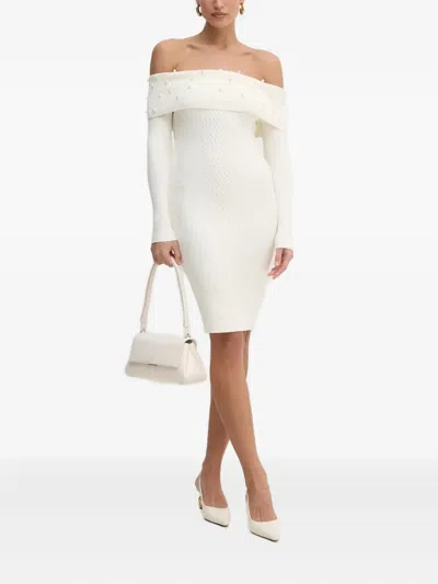 Guess Usa Pearl-embellished Cable-knit Dress In White