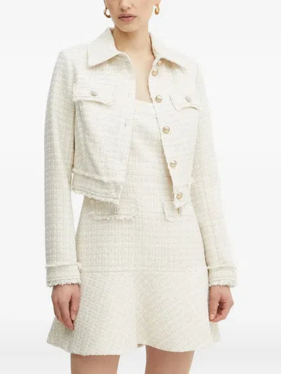 Guess Usa Pearl-embellished Tweed Jacket In White