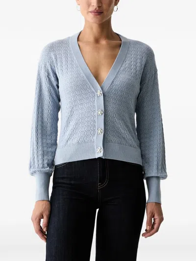 Guess Usa Pointelle-knit Crystal-embellished Cardigan In Blue