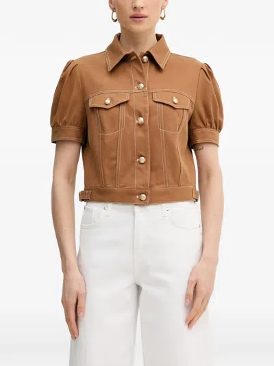 Guess Usa Puff-sleeve Contrast-stitch Jacket In Brown