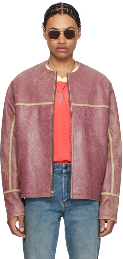 Guess Usa Purple Round Neck Leather Jacket In P669 Distressed Dams