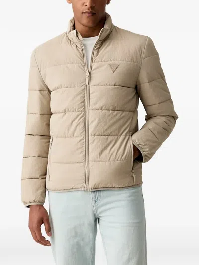 Guess Usa Quilted Logo-patch Jacket In Brown