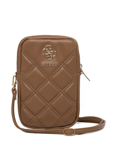 Guess Usa Quilted Logo-plaque Phone Bag In Brown