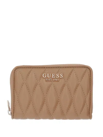 Guess Usa Quilted Logo-plaque Wallet In Brown