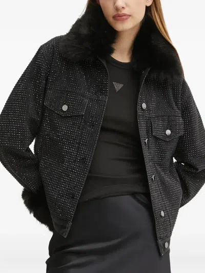 Guess Usa Rhinestone-embellished Denim Jacket In Black
