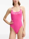 Guess Usa Rhinestone-embellished Halter Swimsuit In Pink