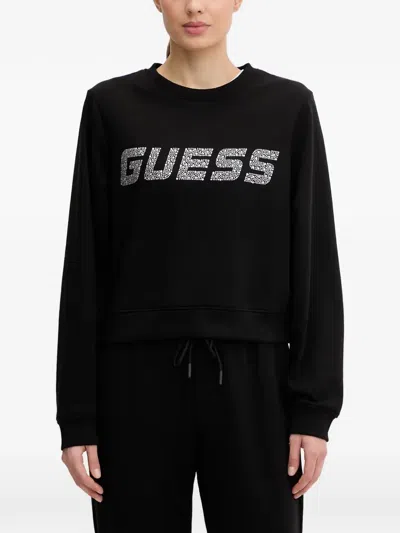 Guess Usa Rhinestone-embellished Cropped Sweatshirt In Black