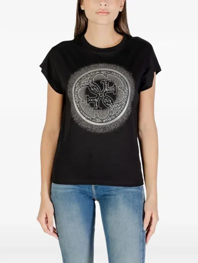 Guess Usa Rhinestone-embellished Logo T-shirt In Black