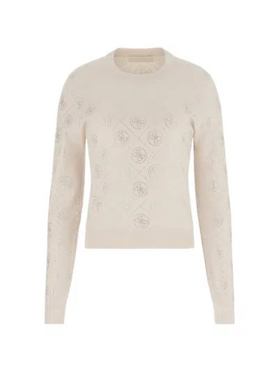 Guess Usa Rhinestone-embellished Logo-pattern Sweater In Neutral