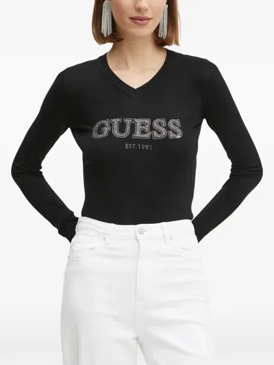 Guess Usa Rhinestone-embellished Long Sleeve T-shirt In Black