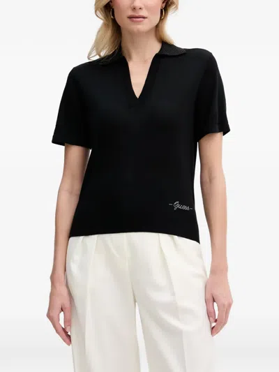 Guess Usa Rhinestone-embellished Polo-collar T-shirt In Black