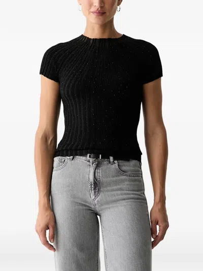 Guess Usa Rhinestone-embellished Ribbed-knit T-shirt In Black