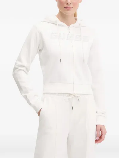 Guess Usa Rhinestone-logo Zip-up Hoodie In White