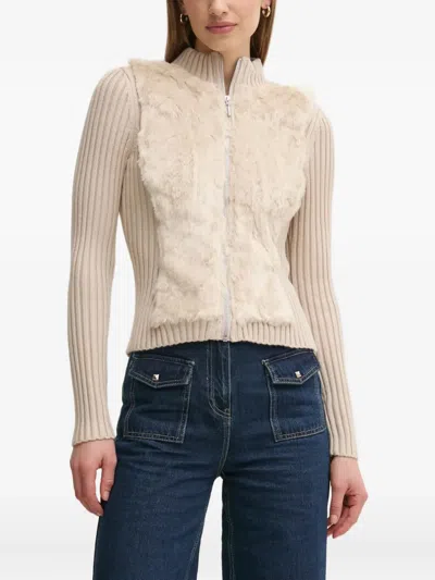Guess Usa Ribbed Faux-fur-panel Cardigan In Neutral