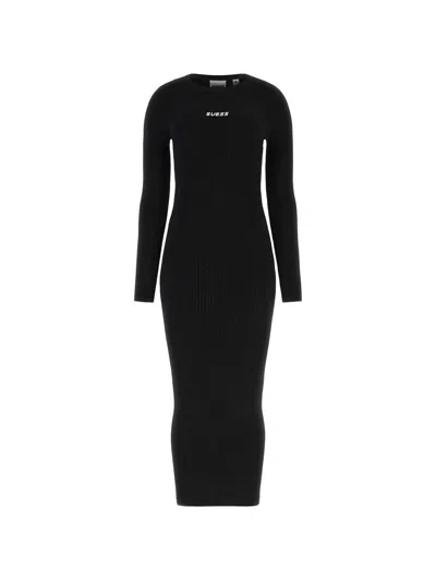 Guess Usa Ribbed-knit Logo-lettering Dress In Black