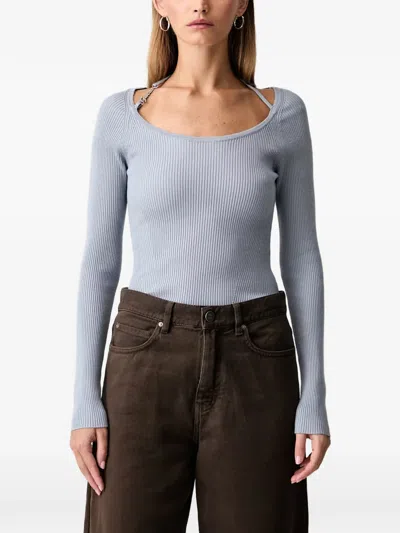 Guess Usa Ribbed-knit Logo-plaque Sweater In Blue