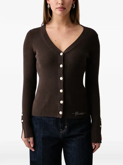 Guess Usa Ribbed-knit V-neck Cardigan In Brown