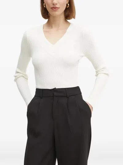 Guess Usa Ribbed-knit V-neck Sweater In White